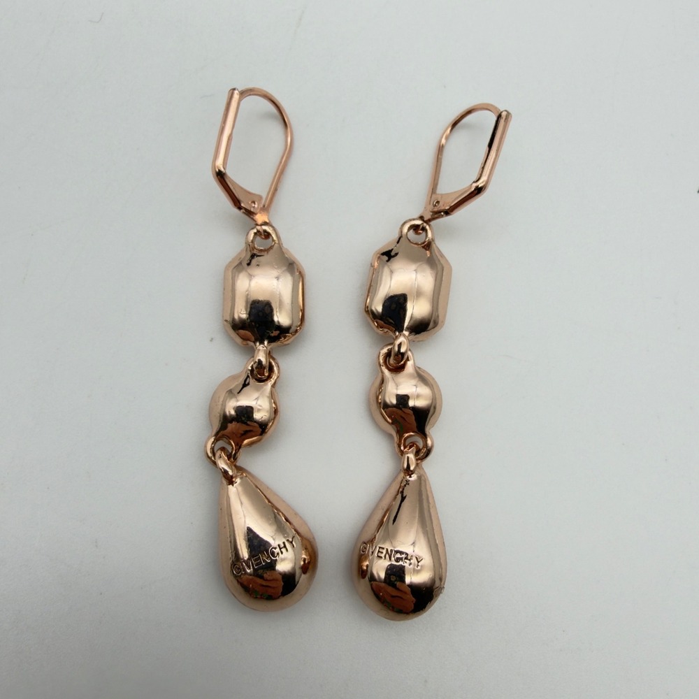 Givenchy Rose Gold Tone Champagne Crystal Triple Drop Lever Back Earrings - Picture 3 of 5